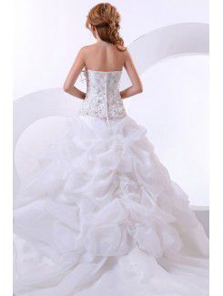 Satin Organza Strapless Chapel Train A-Line Wedding Dress with Ruffle Embroidered