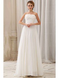 Chiffon lunghezza piano senza spalline a-line abito da sposa con volant fiori