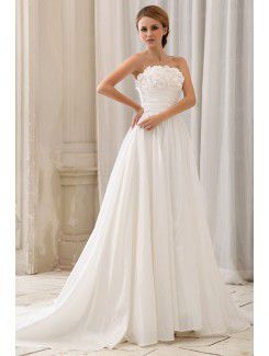 Chiffon Strapless Floor Length A-Line Wedding Dress with Ruffle Flowers