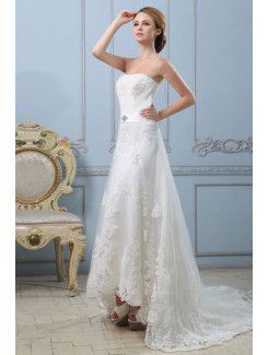 Satin Strapless Court Train A-Line Wedding Dress with Embroidered