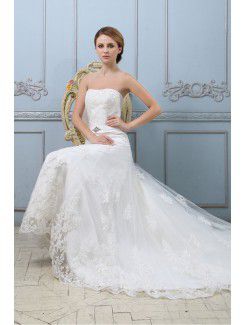 Satin Strapless Court Train A-Line Wedding Dress with Embroidered