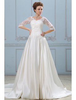 Satin V-Neckline Court Train A-Line Wedding Dress with Embroidered and Half-Sleeves