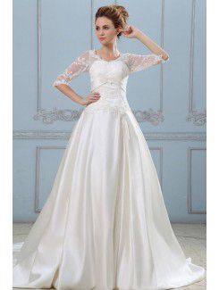 Satin V-Neckline Court Train A-Line Wedding Dress with Embroidered and Half-Sleeves