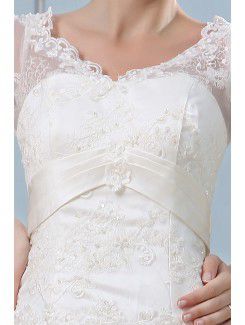 Satin V-Neckline Court Train A-Line Wedding Dress with Embroidered and Half-Sleeves