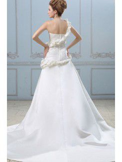 Satin One-Shoulder Court Train A-Line Wedding Dress with Flowers Ruffle