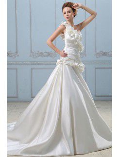 Satin One-Shoulder Court Train A-Line Wedding Dress with Flowers Ruffle