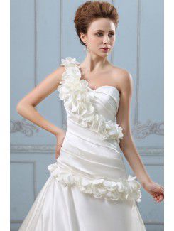 Satin One-Shoulder Court Train A-Line Wedding Dress with Flowers Ruffle