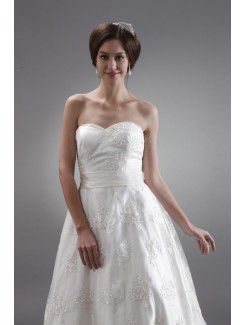 Satin and Lace Sweetheart Chapel Train A-Line Wedding Dress with Embroidered