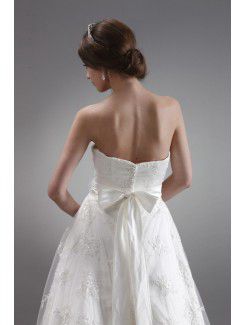 Satin and Lace Sweetheart Chapel Train A-Line Wedding Dress with Embroidered