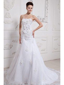 Satin and Organza Strapless Court Train A-Line Wedding Dress with Embroidered