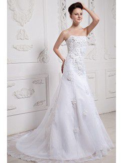 Satin and Organza Strapless Court Train A-Line Wedding Dress with Embroidered