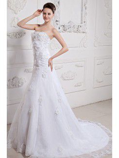 Satin and Organza Strapless Court Train A-Line Wedding Dress with Embroidered