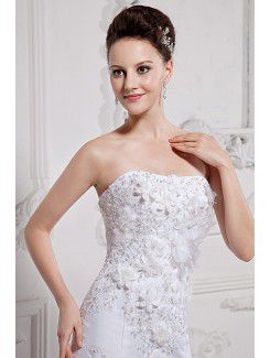 Satin and Organza Strapless Court Train A-Line Wedding Dress with Embroidered