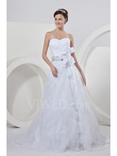 Raso sweetheart cappella treno a-line abito da sposa con fiori e paillettes