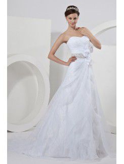 Satin Sweetheart Chapel Train A-Line Wedding Dress with Flower and Sequins