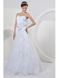 Satin Sweetheart Chapel Train A-Line Wedding Dress with Flower and Sequins