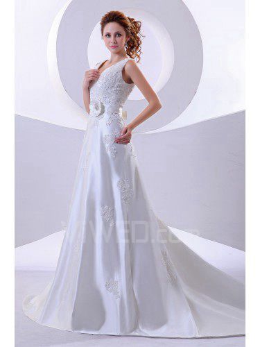 Satin V-Neckline Court Train A-Line Wedding Dress with Flower