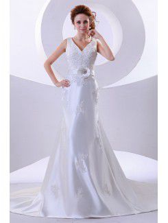 Satin V-Neckline Court Train A-Line Wedding Dress with Flower