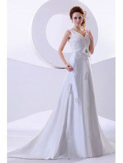 Satin V-Neckline Court Train A-Line Wedding Dress with Flower