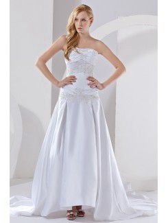 Satin Strapless Court Train A-Line Wedding Dress with Embroidered