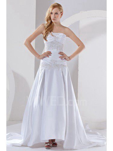 Satin Strapless Court Train A-Line Wedding Dress with Embroidered