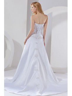 Satin Strapless Court Train A-Line Wedding Dress with Embroidered