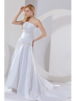 Satin Strapless Court Train A-Line Wedding Dress with Embroidered