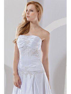 Satin Strapless Court Train A-Line Wedding Dress with Embroidered