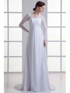 Chiffon trägerlosen reich lineschleifezug dreiviertel-armeln hochzeitskleid