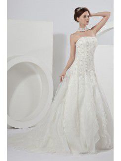 Satin Strapless Court Train A-Line Wedding Dress with Beading and Sequins