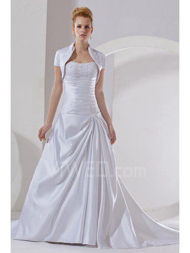 Satin Strapless Court Train A-Line Wedding Dress with Beading and Jacket