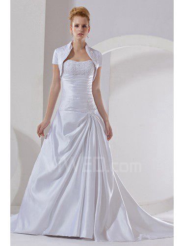 Satin train bretelles tribunal robe de mariée une ligne de perles et veste