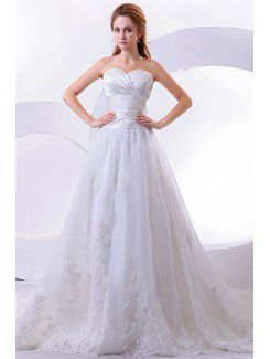 Satin and Organza Sweetheart Chapel Train A-Line Wedding Dress with Embroidered