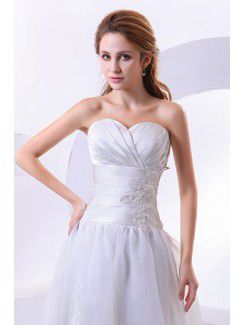 Satin and Organza Sweetheart Chapel Train A-Line Wedding Dress with Embroidered