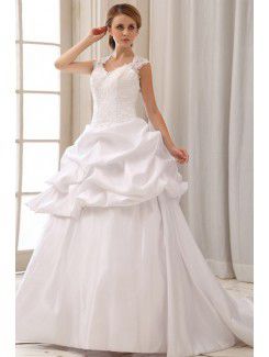 Satin V-neck Court Train Ball Gown Wedding Dress with Embroidered and Ruffle