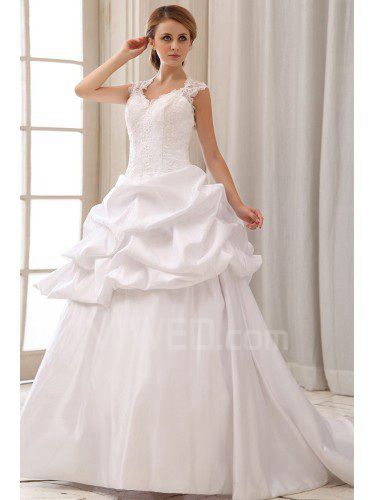 Satin V-neck Court Train Ball Gown Wedding Dress with Embroidered and Ruffle