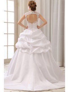 Satin V-neck Court Train Ball Gown Wedding Dress with Embroidered and Ruffle