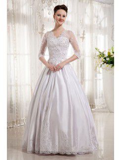 Satin V-Neckline Floor Length Ball Gown Wedding Dress with Embroidered and Half-Sleeves