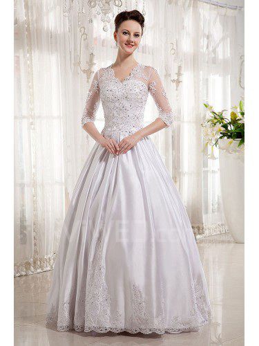 Satin encolure en v étage longueur robe de bal de mariage robe avec broderie et demi-manches