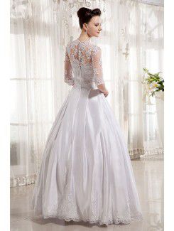 Satin V-Neckline Floor Length Ball Gown Wedding Dress with Embroidered and Half-Sleeves