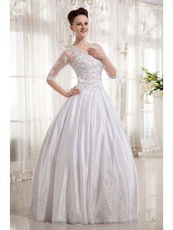 Satin V-Neckline Floor Length Ball Gown Wedding Dress with Embroidered and Half-Sleeves