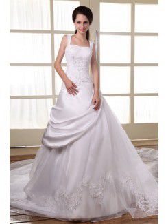 Satin Square Cathedral Train A-Line Wedding Dress with Embroidered