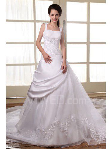Satin Square Cathedral Train A-Line Wedding Dress with Embroidered