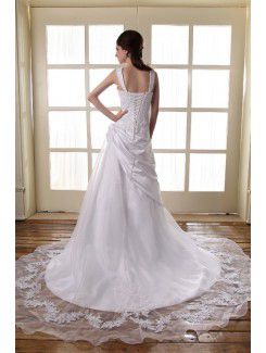 Satin Square Cathedral Train A-Line Wedding Dress with Embroidered