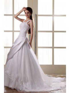 Satin Square Cathedral Train A-Line Wedding Dress with Embroidered