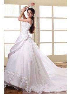 Satin Square Cathedral Train A-Line Wedding Dress with Embroidered