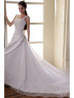 Satin Square Cathedral Train A-Line Wedding Dress with Embroidered