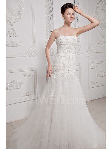 Tulle Strapless Sweep Train A-line Wedding Dress with Embroidered