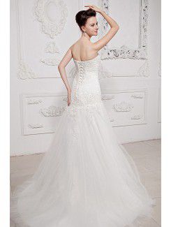 Tulle Strapless Sweep Train A-line Wedding Dress with Embroidered