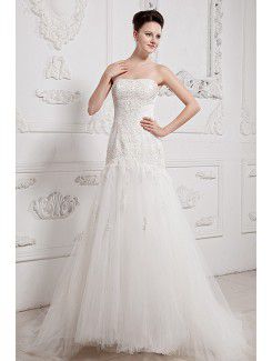 Tulle Strapless Sweep Train A-line Wedding Dress with Embroidered